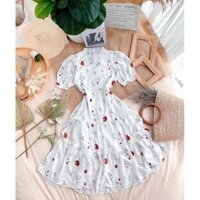 đầm trắng hoa đỏ xoè tầng