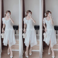 Đầm trắng hoa nhí dáng dài dự tiệc đi chơi Nahouse váy tiểu thư tay ngắn cổ vuông xẻ tà thiết kế đẹp xinh xịn sang trọng