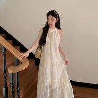 Đầm trắng không tay mùa hè cho phụ nữ, đầm dài cổ yếm, đầm đi biển, giao hàng nhanh