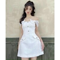 ĐẦM TRẮNG LỤA XƯỢC RỚT VAI ĐÍNH NƠ PHỐI NÚT