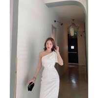 đầm trắng nơ lệch vai