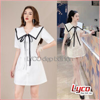 Đầm trắng nữ thủy thủ viền nhung phối cúc bện nơ ngực chất váy U mì cao cấp