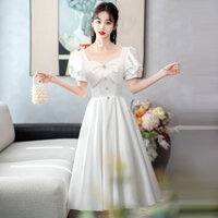 Đầm trắng phong cách Hepburn 2025, đầm phong cách nữ thần thanh lịch mới cho đăng ký kết hôn, đám cưới và hẹn hò hàng ngày