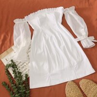 Đầm trắng rớt vai viền ngực xếp ly