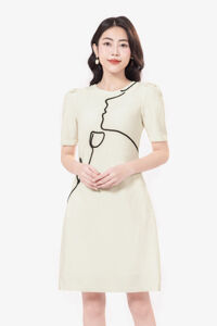 Đầm trắng suông chữ A công sở đính hoa đen