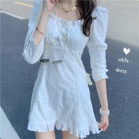 Đầm trắng tay dài cổ vuông D039