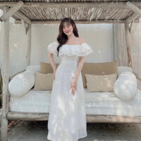 Đầm trắng trễ vai dáng dài đi du lịch đi biển