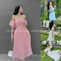 Đầm trắng trễ vai đi chơi đi biển dạo phố Nahouse váy babydoll cúp ngực dáng xòe bo chun lưng thiết kế đẹp xinh xịn sang