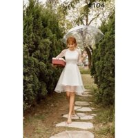 Đầm trắng xòe dự tiệc, đầm baby doll phối lưới V