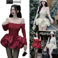 Đầm trể vai body tay dài 3 màu Đỏ Kem Đen dự tiệc tùng Nơ xoè màu trắng MT97 Váy hở lưng sexy cho nữ đi chơi sang c