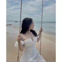 đầm trễ vai cổ yếm chất xô đục lỗ thêu hoa