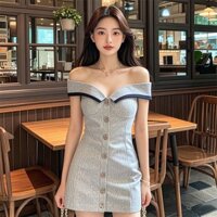 Đầm trễ vai cúp ngực viền đen dáng ngắn ôm body váy mini đính hàng cúc dự tiệc party M68