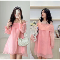 Đầm trễ vai hàn quốc váy tiểu thư vải tơ hai lớp đính đá sang trọng