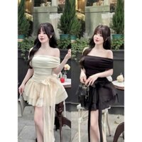 Đầm Trễ Vai Ngắn Dáng Ngắn Xoè Tầng Phối Tơ Nơ Eo Có Lót Quần Quý Cô Sang Chảnh