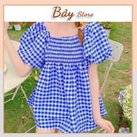 Đầm Trễ Vai Tay Bồng Caro Bảy Store Nữ 🌸 Váy babydoll hở lưng bánh bèo tiểu thư màu XANH | HỒNG Ulzzang HOT 🌸