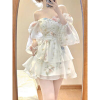 Đầm trễ vai tay bồng công chúa dáng xòe ngắn họa tiết hoa xinh xắn dễ thương cho cô nàng bánh bèo hàng QC