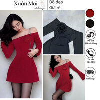 Đầm trễ vai tay dài gân trung đính hoa ngực form xoè chữ A hai màu đen đỏ mặc Noel lễ Tết
