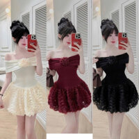 Đầm Trễ Vai Thun Co Giãn Đính Bông Ngực Ôm Eo Dáng Bí Xoè Bồng Bềnh Gợn Sóng Váy Thiết Kế Đi Tiệc - Thời Trang Nữ