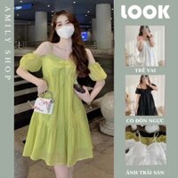 Đầm trễ vai tiểu thư chất tơ style Hàn Quốc