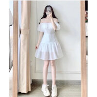 Đầm trễ vai tiểu thư tay phồng 2 lớp, Váy trắng ngắn 2 dây phối nhún trễ ngực dáng xòe chiết eo ulzzang