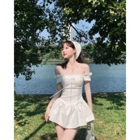 Đầm trễ vai tiểu thư xoè chun lưng có mút ngực đính nơ kèm quần bảo hộ Borly.vn_A1K21