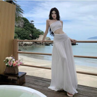 Đầm trễ vai trắng đi biển khoét eo tà dài xẻ đùi