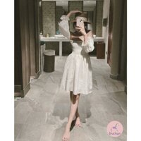 Đầm trễ vai xoè ngắn nhún ngực tay phồng freesize đen trắng RUCHAN