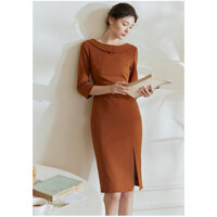 Đầm trơn màu cam đất tay lửng cổ thuyền cổ kiểu