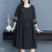 Đầm trung niên cho mẹ dáng dài Bigsize Váy lanh tay ngắn cổ tròn Họa tiết thêu vintage Thời Trang Cao Cấp