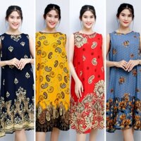 Đầm Trung Niên Dáng Suông Đuôi Cá họa tiết thổ cẩm AMYRA - Đầm Mặc Nhà Cho Mẹ chất lanh thái siêu thoáng mát VA123