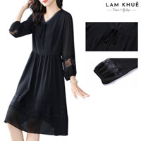 Đầm Trung Niên Dáng Váy Xòe Nhún Eo Màu Đen Sang Trọng - MS1924