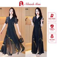 Đầm trung niên (Đẹp xinh) Đầm voan cổ V tay ngắn in họa tiết lập thể - 14201