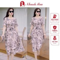 Đầm trung niên (Đẹp xinh) Đầm xòe tay loe, eo thắt nơ họa tiết lá tre - 13713