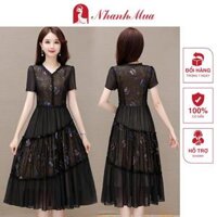 Đầm trung niên (Đẹp xinh) Đầm voan in họa tiết tầng nhún viền bèo - 14254
