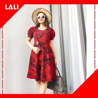 Đầm trung niên dự tiệc dáng xoè, tay phồng, thun nhũ co dãn MS78