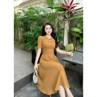 Đầm trung niên dự tiệc dáng xòe dài tay lỡ cổ tròn tặng cài áo đính đá, đầm trung niên công sở nhẹ nhàng, quà tặng mẹ