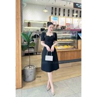 Đầm trung niên dự tiệc dáng xòe cổ vuông tay phồng đính đá sang trọng màu đen và màu đỏ đô