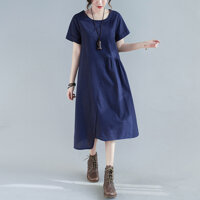 Đầm Trung Niên Linen Trơn Có Túi Thiều Hoa Thời Trang Hè Nữ Đũi Việt - Màu xanh đen - L
