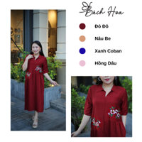 Đầm Trung niên Lụa Linen Xước dáng suông cổ Sơ Mi tay lỡ thêu hoa Sang Trọng Nhẹ Nhàng - BH40