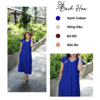 Đầm Trung niên Lụa Linen Xước dáng suông Cổ V nhún ly Thêu Hoa  - BH24