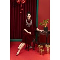 Đầm trung niên nhung đỏ sẫm cổ cao dáng suông dài, đầm đẹp dự tiệc cưới, sự kiện cho quý cô U40, U50