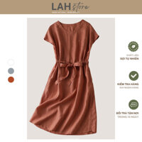 Đầm trung niên tặng mẹ, Váy suông DS09 vải linen cổ tròn tay hến dây rút eo LAH (Cam Đất)