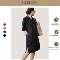Đầm trung niên tặng mẹ, Váy suông DS01 vải linen tay lỡ cổ sơ mi phối nẹp pha túi 2 bên LAH (Đen)