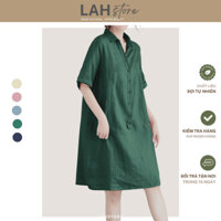 Đầm trung niên tặng mẹ, Váy suông DS29 vải linen tay lửng cổ sơ mi túi bổ cơi LAH (Xanh Rêu)