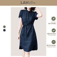 Đầm trung niên tặng mẹ, Váy suông DS04 vải linen cổ sơ mi bổ trụ phối 2 túi ngực dây thắt eo LAH (Xanh Navy)