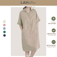 Đầm trung niên tặng mẹ, Váy suông DS29 vải linen tay lửng cổ sơ mi túi bổ cơi LAH (Be)
