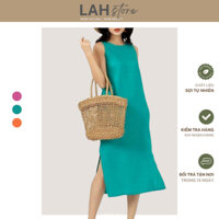 Đầm trung niên tặng mẹ, Váy suông DS02 vải linen cổ tròn dáng yếm nơ lưng LAH (Xanh)