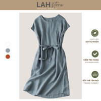 Đầm trung niên tặng mẹ, Váy suông DS09 vải linen cổ tròn tay hến dây rút eo LAH (Xanh Dương)