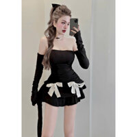 Đầm tua rua nữ, trễ vai dài tay, form body, tùng xòe đính nơ, đầm có mút, chất thun gân