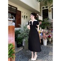 Đầm tuyết mưa cao cấp mặc công sở , đầm cổ sơ mi tay ngắn đính logo phối trắng dáng váy xòe maxi thanh lịch
